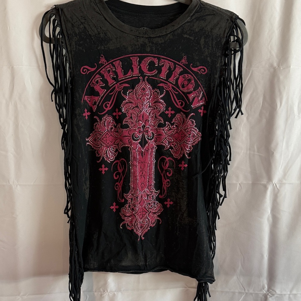 Affliction Black and Pink Fringe Muscle Tee
